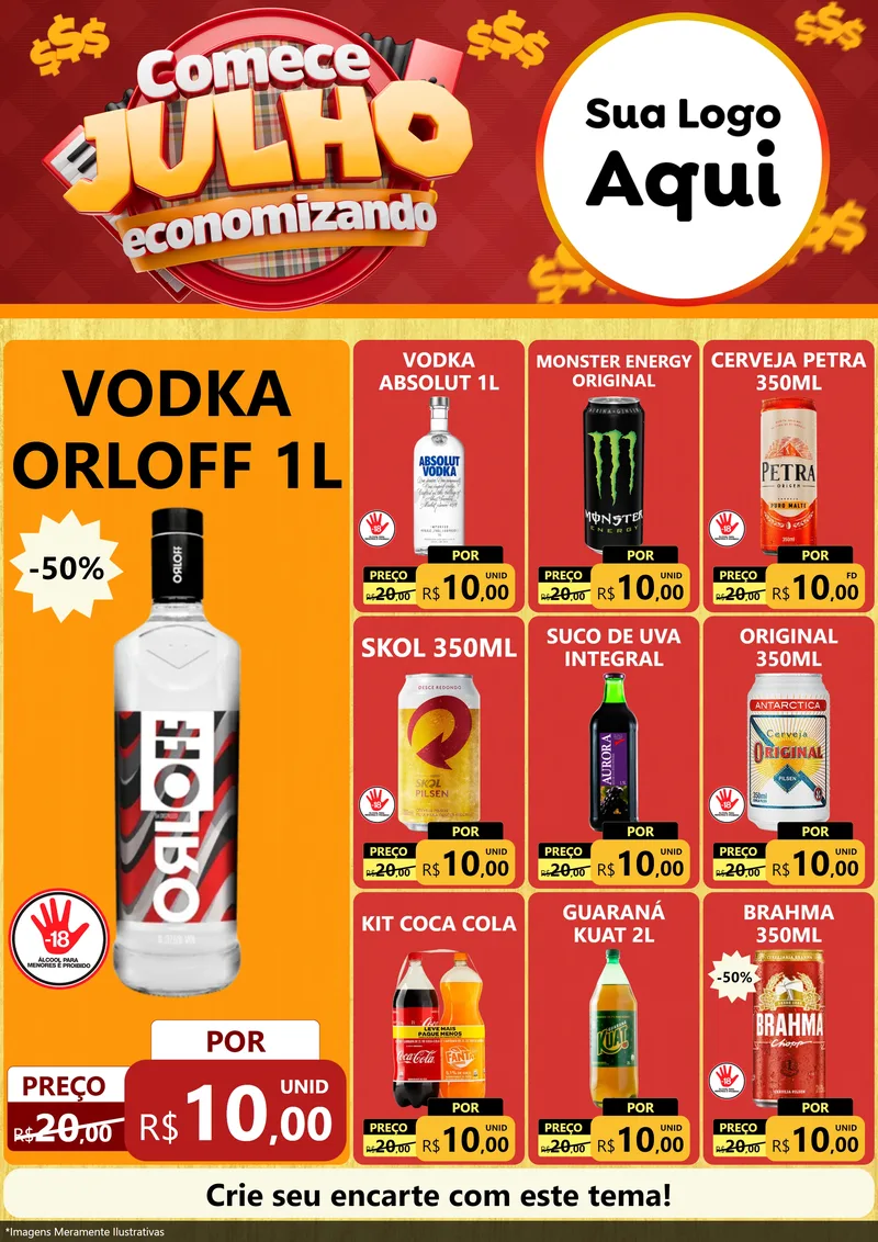 Modelo de Encarte para Encarte A4 Vertical com o tema Comece Julho Economizando para Distribuidora de bebidas