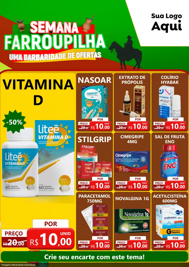 Modelo de Encarte para Encarte A4 Vertical com o tema Semana Farroupilha - Uma Barbaridade de Ofertas para Farmácia
