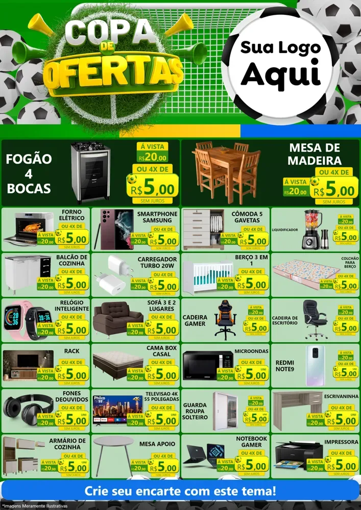 Modelo de Encarte para Encarte A4 Vertical com o tema Copa De Ofertas para Móveis e Eletro
