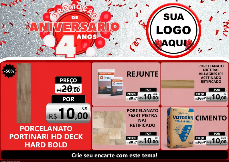 Modelo de Encarte para Encarte A4 Horizontal com o tema Promoção de Aniversário - 4 Anos para Pisos e revestimentos