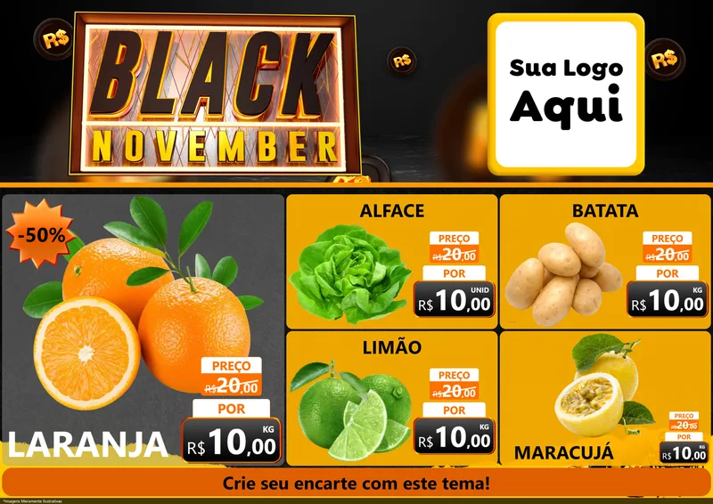 Modelo de Encarte para Encarte A4 Horizontal com o tema Black November para Hortifrúti