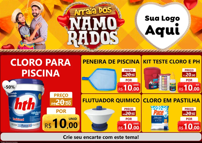 Modelo de Encarte para Encarte A4 Horizontal com o tema Arraiá dos Namorados para Produtos para Piscina