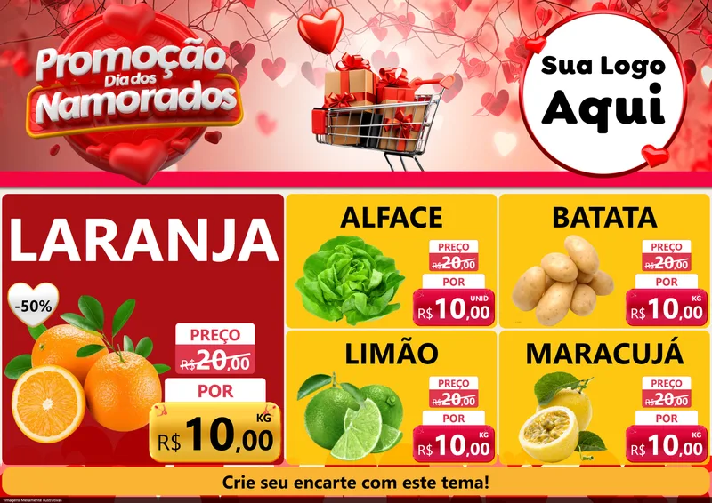 Modelo de Encarte para Encarte A4 Horizontal com o tema Promoção Dia dos Namorados para Hortifrúti