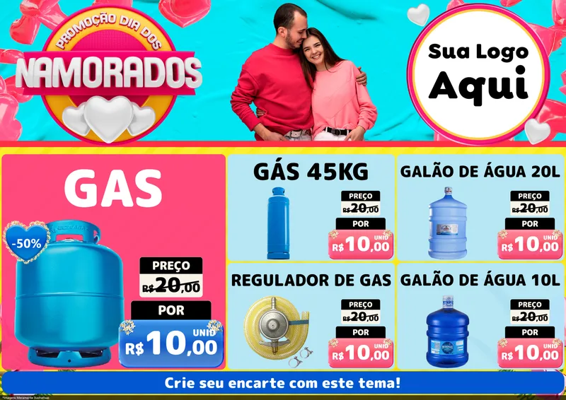 Modelo de Encarte para Encarte A4 Horizontal com o tema Promoção Dia dos Namorados para Água e gás