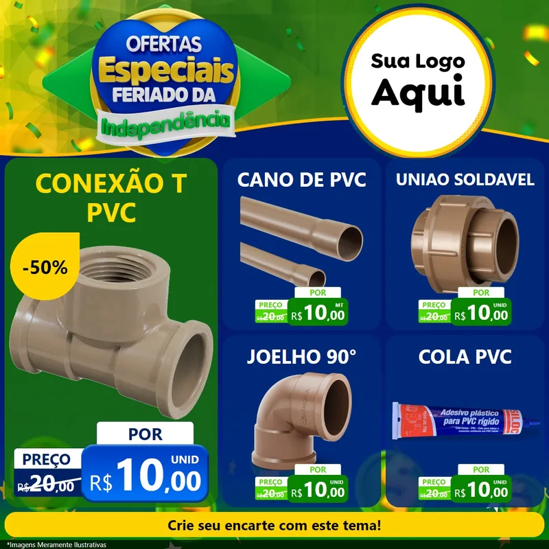Modelo de Rede Social para Feed Facebook com o tema Ofertas Especiais Feriado da Independência para Tubos e conexões
