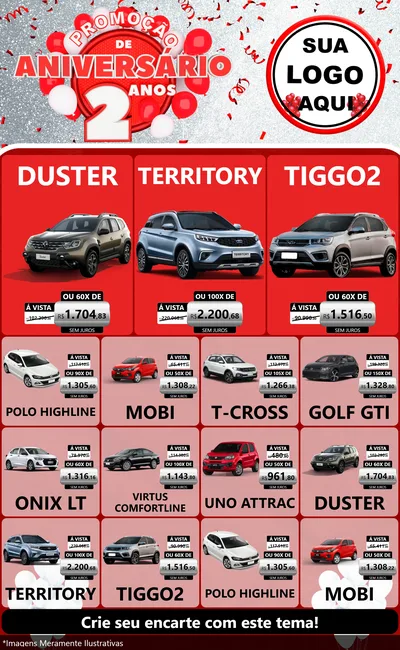 Modelo de Encarte para Encarte Grande com o tema Promoção de Aniversário - 2 Anos para Concessionaria de Carros