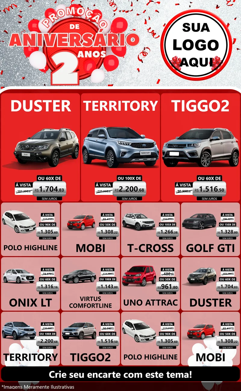 Modelo de Encarte para Encarte Grande com o tema Promoção de Aniversário - 2 Anos para Concessionaria de Carros