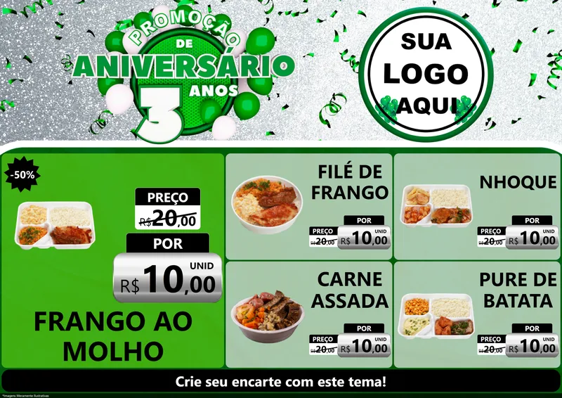 Modelo de Encarte para Encarte A4 Horizontal com o tema Promoção de Aniversário - 3 Anos para Restaurante