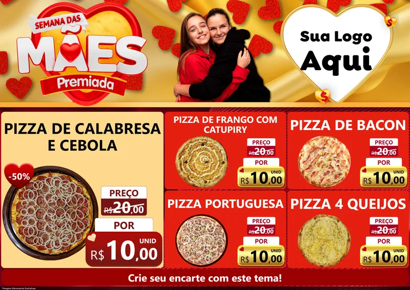 Modelo de Encarte para Encarte A4 Horizontal com o tema Semana das Mães Premiada para Pizzaria