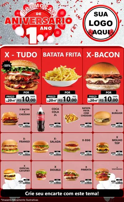 Modelo de Encarte para Encarte Grande com o tema Promoção de Aniversário - 1 Ano para Hamburgueria