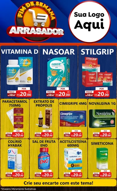 Modelo de Encarte para Encarte Grande com o tema Fim De Semana Arrasador para Farmácia