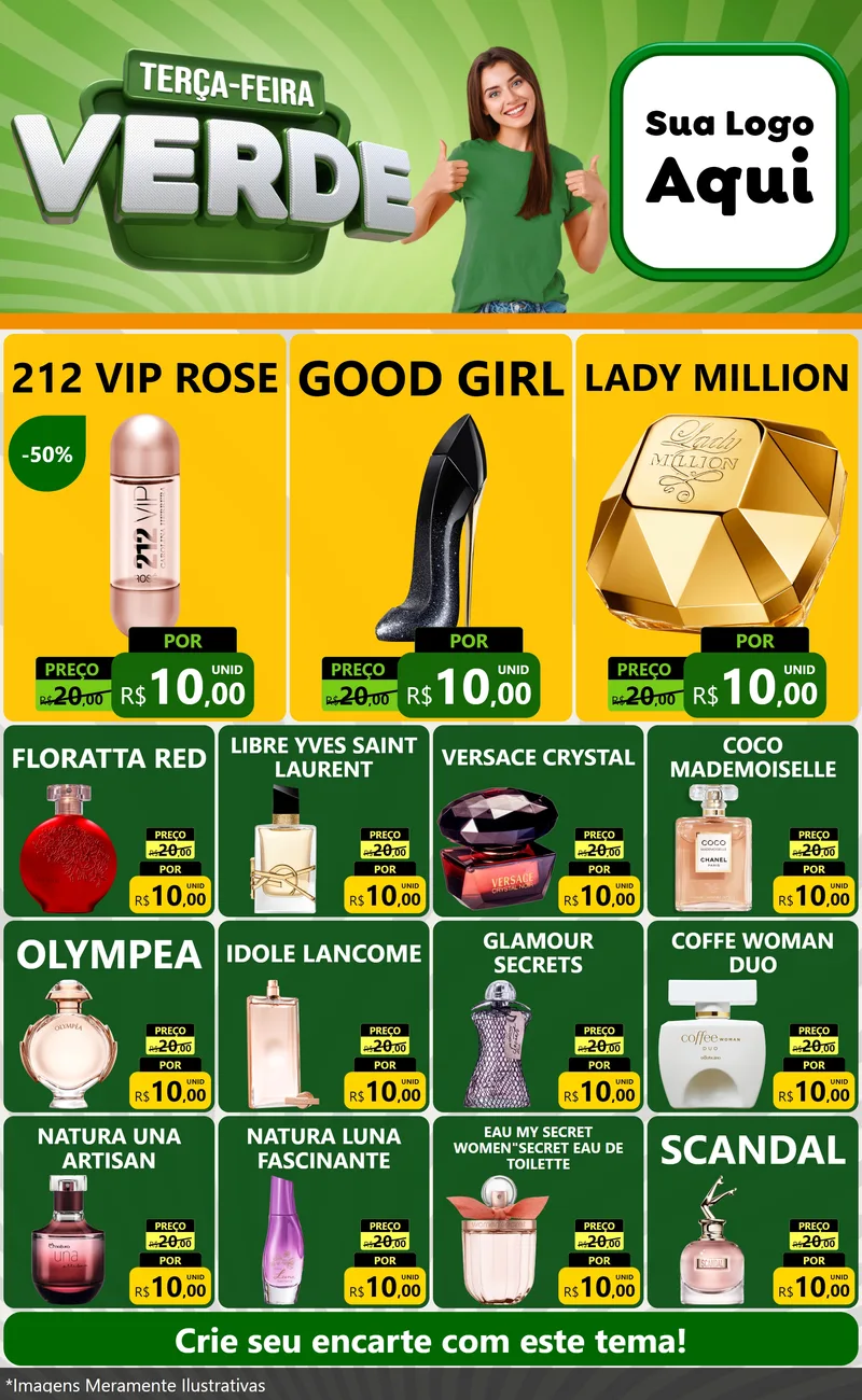Modelo de Encarte para Encarte Grande com o tema Terça - Feira Verde para Perfumes