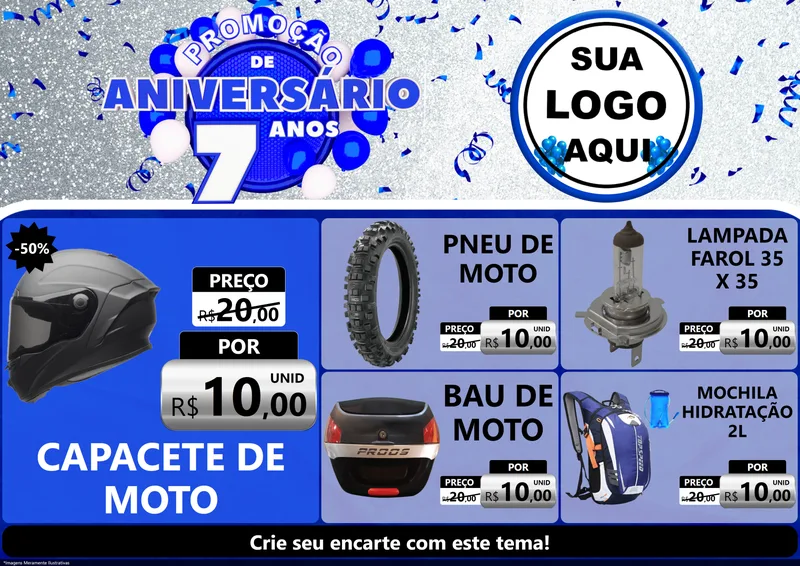 Modelo de Encarte para Encarte A4 Horizontal com o tema Promoção de Aniversário - 7 Anos para Moto peças