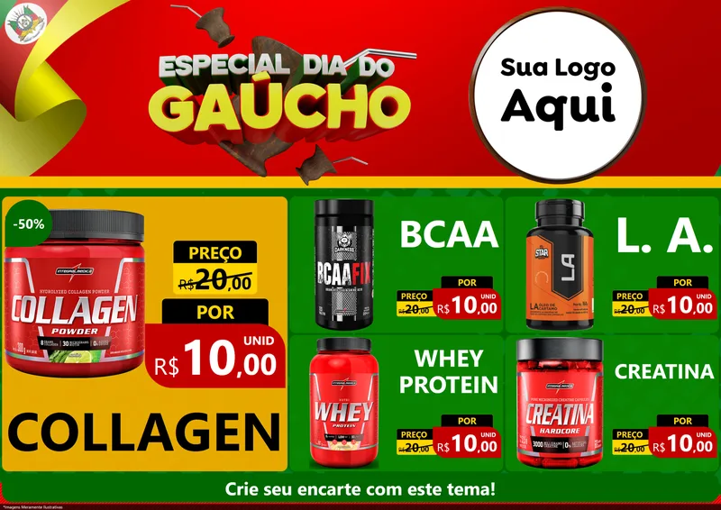 Modelo de Encarte para Encarte A4 Horizontal com o tema Especial Dia do Gaúcho para Suplementos alimentares