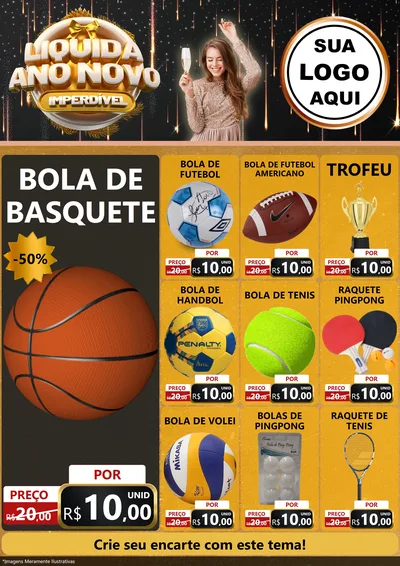 Modelo de Encarte para Encarte A4 Vertical com o tema Liquida Ano Novo Imperdível para Artigos Esportivos