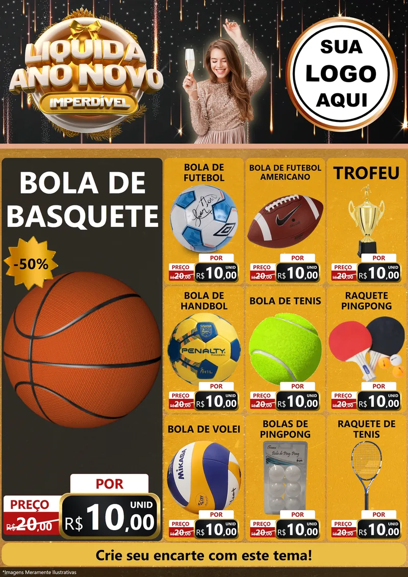Modelo de Encarte para Encarte A4 Vertical com o tema Liquida Ano Novo Imperdível para Artigos Esportivos