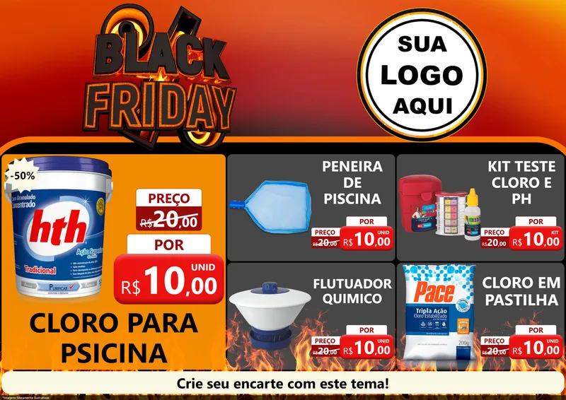 Modelo de Encarte para Encarte A4 Horizontal com o tema Black Friday para Produtos para Piscina