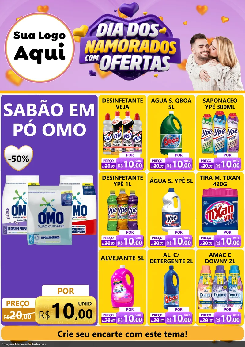 Modelo de Encarte para Encarte A4 Vertical com o tema Dia Dos Namorados Com Ofertas para Produtos de Limpeza