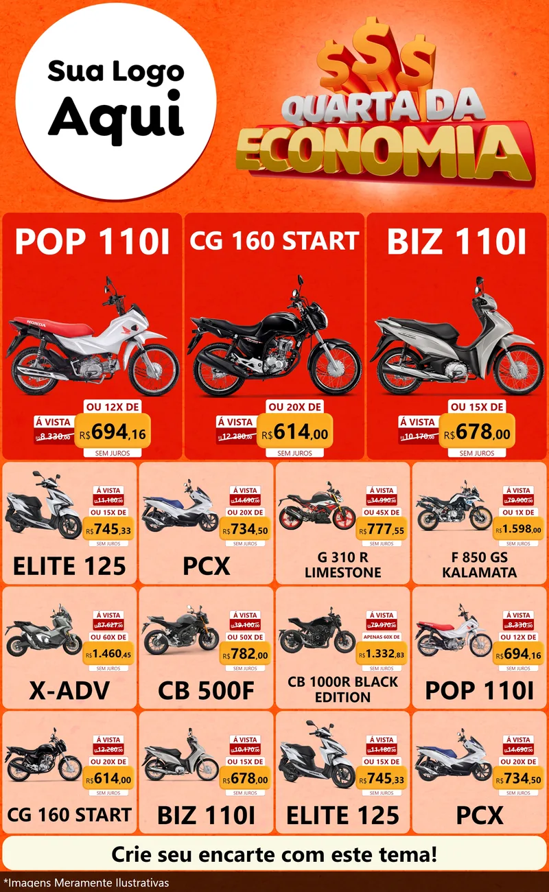 Modelo de Encarte para Encarte Grande com o tema Quarta da Economia para Concessionaria de Motos