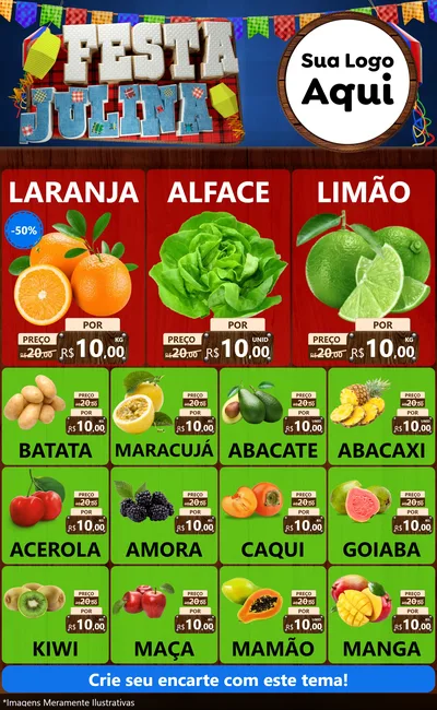 Modelo de Encarte para Encarte Grande com o tema Festa Julina para Hortifrúti
