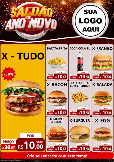 Modelo de Encarte para Encarte A4 Vertical com o tema Saldão de Ano Novo para Hamburgueria