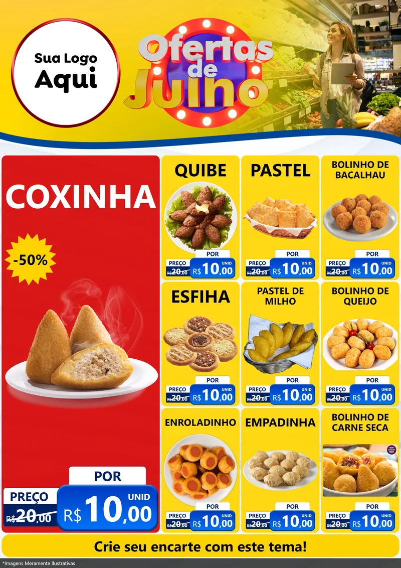 Modelo de Encarte para Encarte A4 Vertical com o tema Ofertas de Julho para Salgadaria