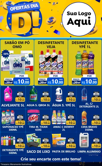 Modelo de Encarte para Encarte Grande com o tema Ofertas Dia D para Produtos de Limpeza