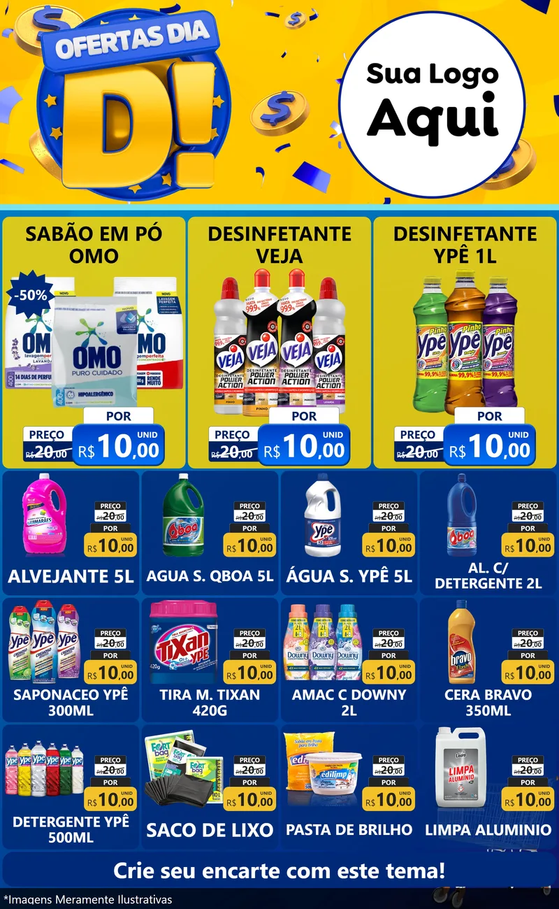 Modelo de Encarte para Encarte Grande com o tema Ofertas Dia D para Produtos de Limpeza
