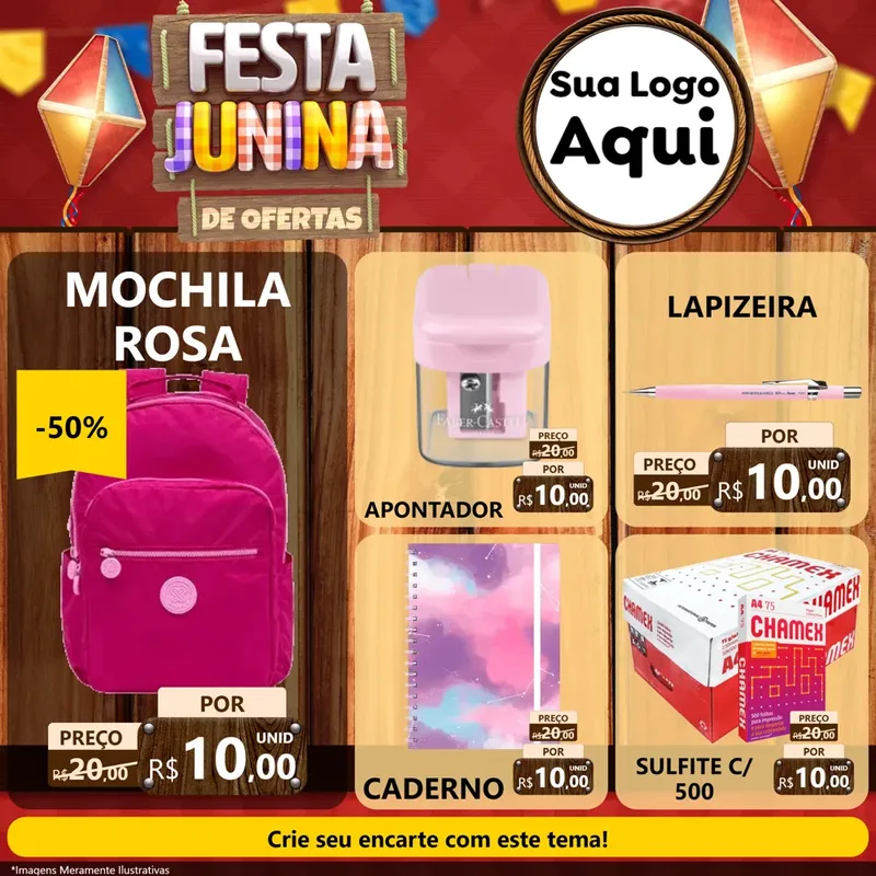 Modelo de Rede Social para Feed Facebook com o tema Festa Junina de Ofertas para Papelaria