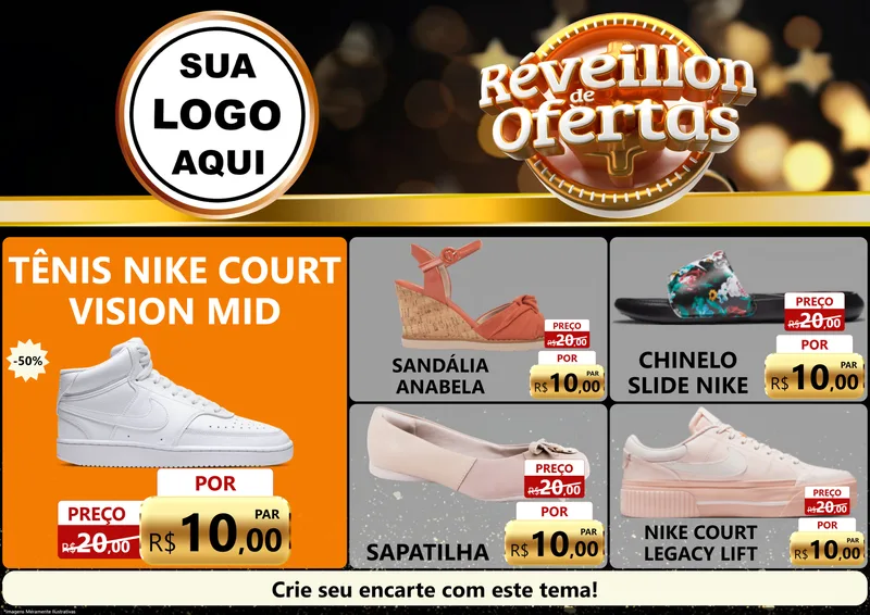 Modelo de Encarte para Encarte A4 Horizontal com o tema Réveillon de Ofertas para Calçados