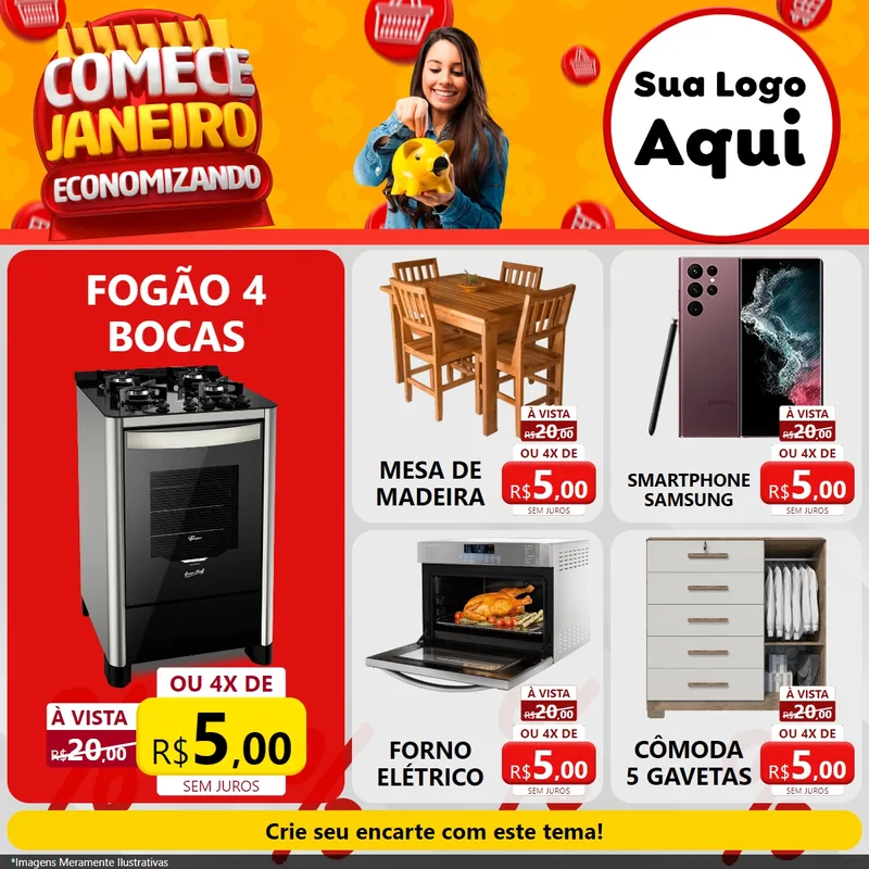 Modelo de Rede Social para Feed Facebook com o tema Comece Janeiro Economizando para Móveis e Eletro