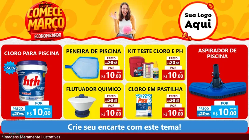 Modelo de TV para TV Horizontal com o tema Comece Março Economizando para Produtos para Piscina