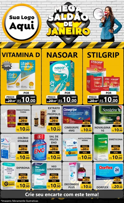 Modelo de Encarte para Encarte Grande com o tema Mega Saldão de Janeiro para Farmácia