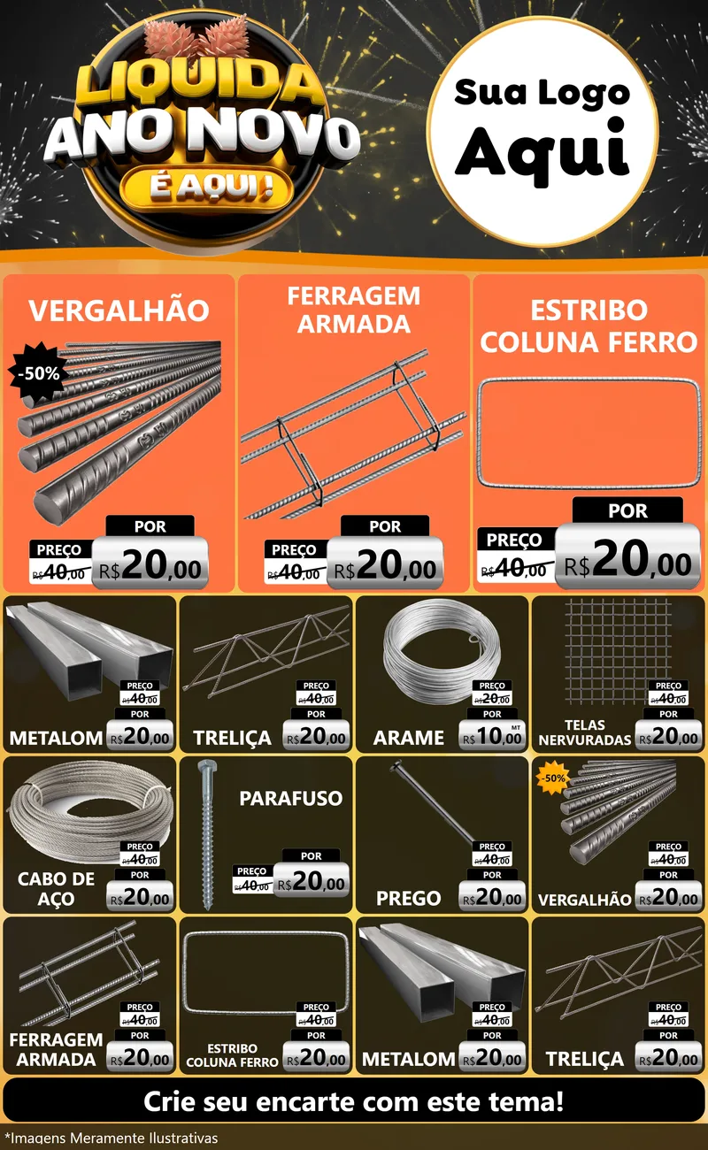 Modelo de Encarte para Encarte Grande com o tema Liquida Ano Novo É Aqui! para Ferragens