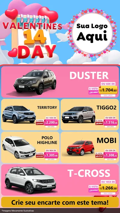 Modelo de TV para TV Vertical com o tema Valentine's Day para Concessionaria de Carros