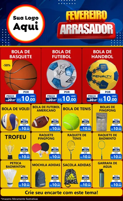 Modelo de Encarte para Encarte Grande com o tema Fevereiro Arrasador para Artigos Esportivos