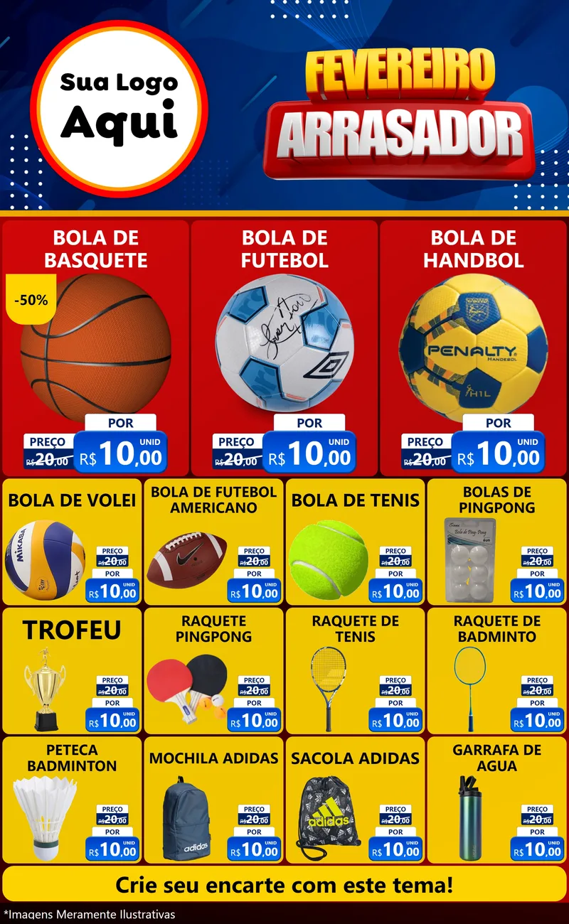 Modelo de Encarte para Encarte Grande com o tema Fevereiro Arrasador para Artigos Esportivos