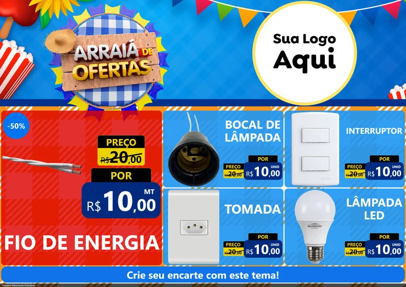 Modelo de Encarte para Encarte A4 Horizontal com o tema Arraiá de Ofertas para Materiais Elétricos