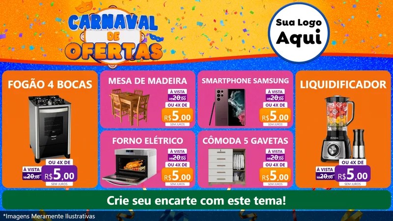 Modelo de TV para TV Horizontal com o tema Carnaval de Ofertas para Móveis e Eletro