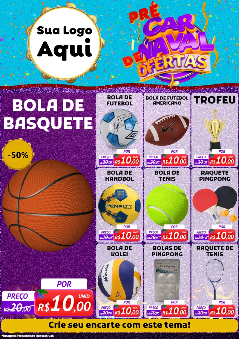 Modelo de Encarte para Encarte A4 Vertical com o tema Pré Carnaval de Ofertas para Artigos Esportivos