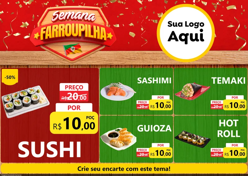 Modelo de Encarte para Encarte A4 Horizontal com o tema Semana Farroupilha para Comida japonesa