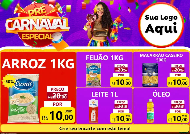 Modelo de Encarte para Encarte A4 Horizontal com o tema Pré-Carnaval Especial para Supermercado