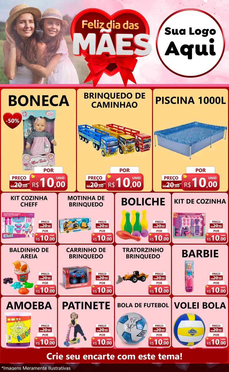 Modelo de Encarte para Encarte Grande com o tema Feliz Dia Das Mães para Brinquedos