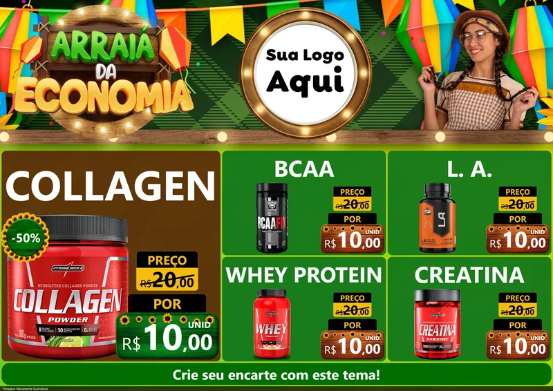 Modelo de Encarte para Encarte A4 Horizontal com o tema Arraiá de Economia para Suplementos alimentares