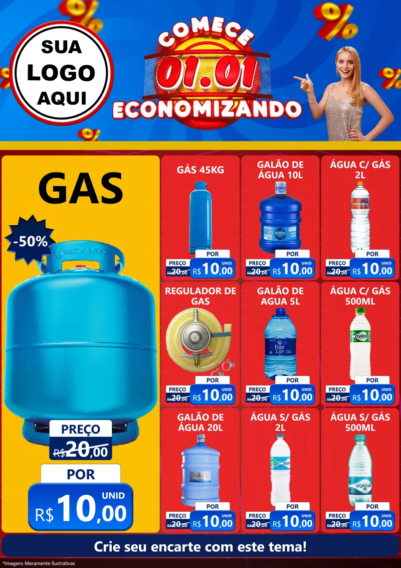 Modelo de Encarte para Encarte A4 Vertical com o tema Comece 1º de Janeiro Economizando para Água e gás