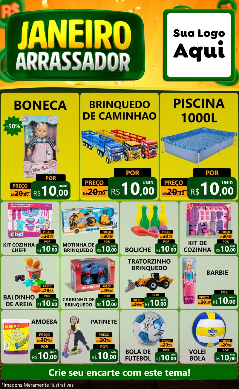 Modelo de Encarte para Encarte Grande com o tema Janeiro Arrasador para Brinquedos