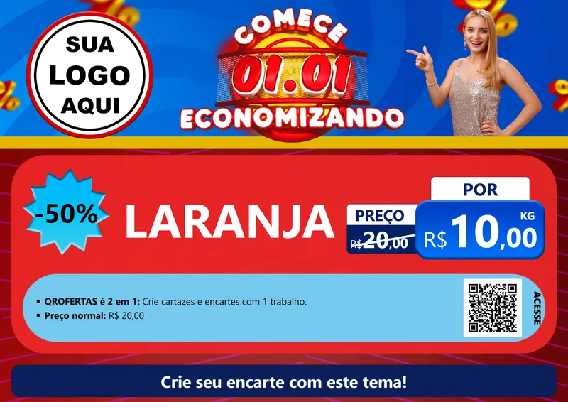 Modelo de Cartaz para Cartaz A4 Horizontal com o tema Comece 1º de Janeiro Economizando para Hortifrúti