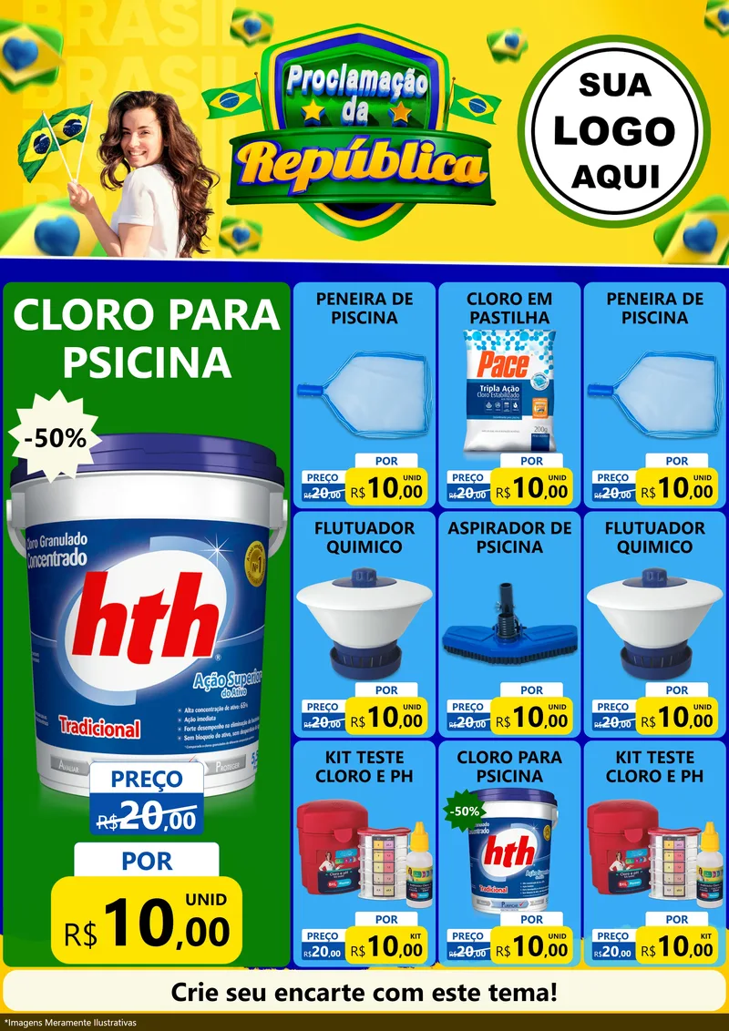 Modelo de Encarte para Encarte A4 Vertical com o tema Proclamação da República para Produtos para Piscina