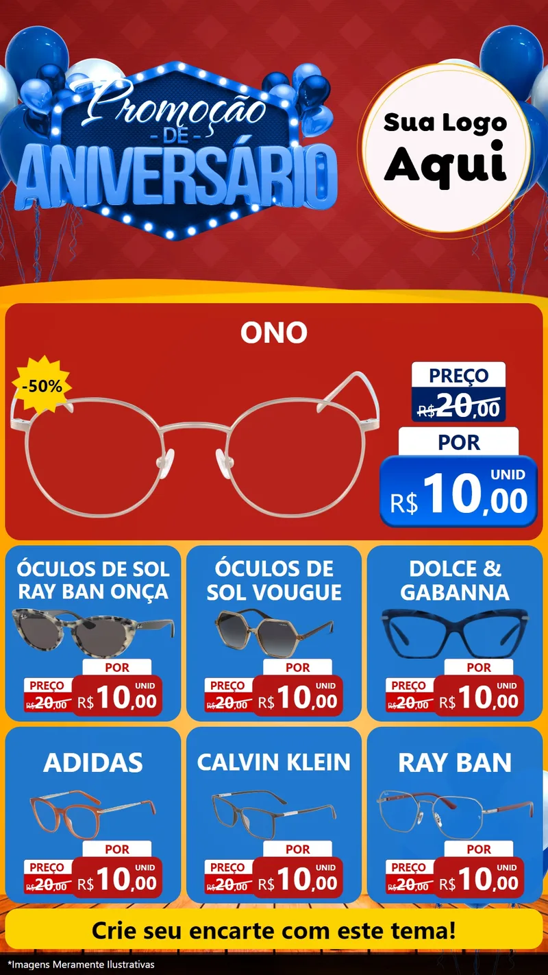 Modelo de Rede Social para Stories com o tema Promoção de Aniversário para Óticas