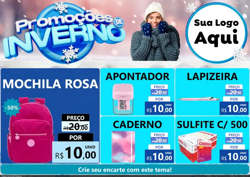 Modelo de Encarte para Encarte A4 Horizontal com o tema Promoções de Inverno para Papelaria